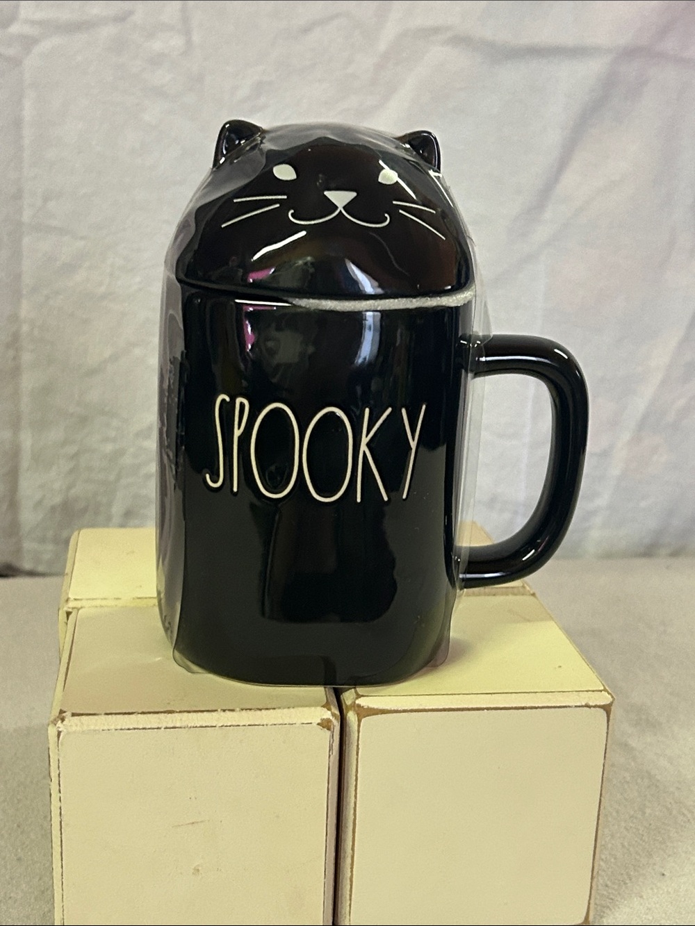 Rae Dunn Black "Spooky" Cat Ceramic Mug with Lid